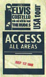 My backstage pass from the Elvis Costello show, 9/12/98